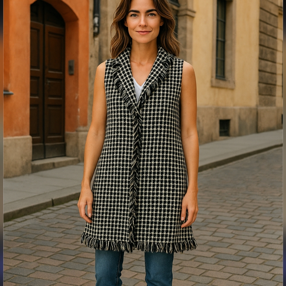 Niche by JDD Designs Black & White Check Fringe Long Vest